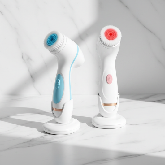 VibrantGlow Facial Brush blue and pink variants side by side on marble
